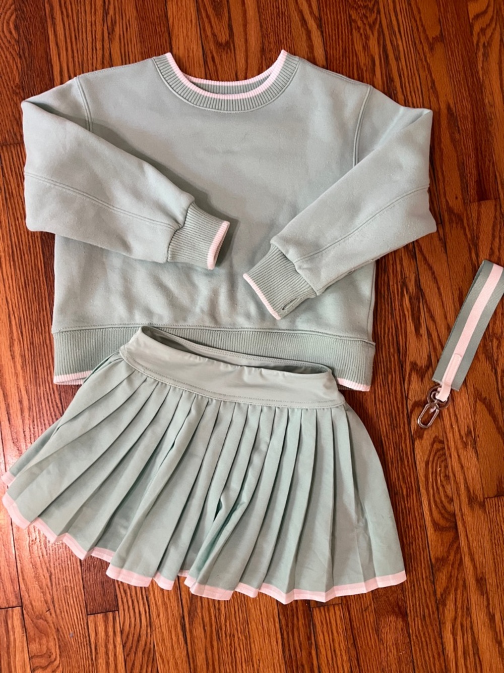Mint Two-Piece Sweatshirt & Pleated Skort Set with White Trim